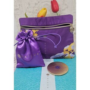TATCHA GOLD LEAF MIRROR IN SATIN PURSE & MAKEUP BAG NEW